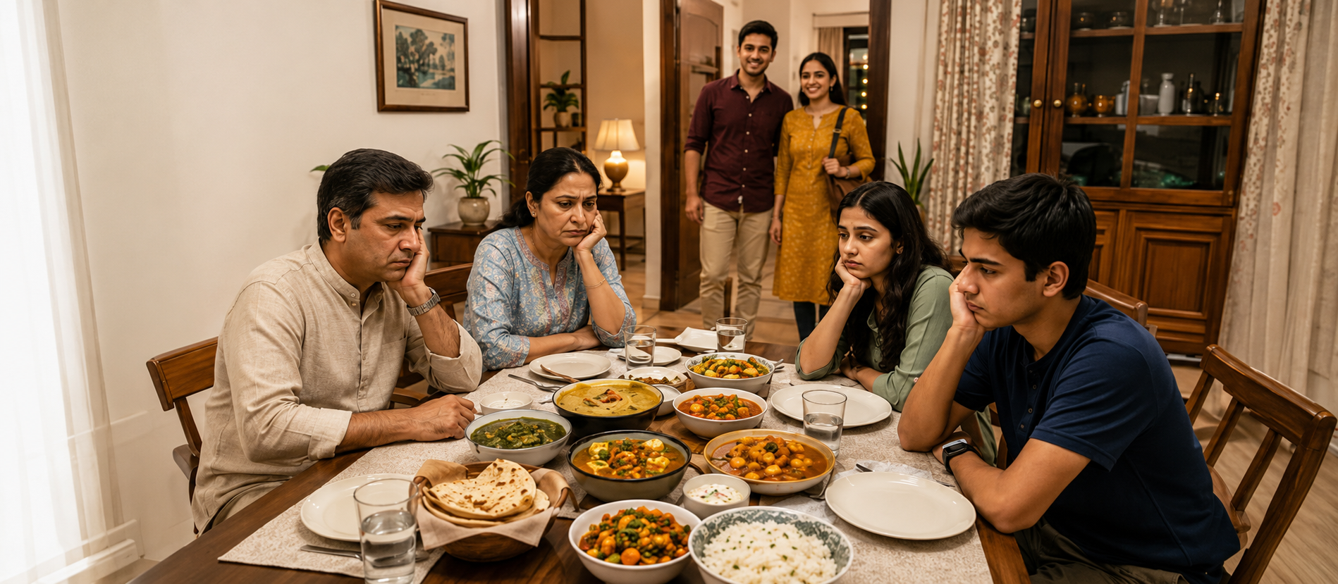 An Indian family at the dinner table, food going cold